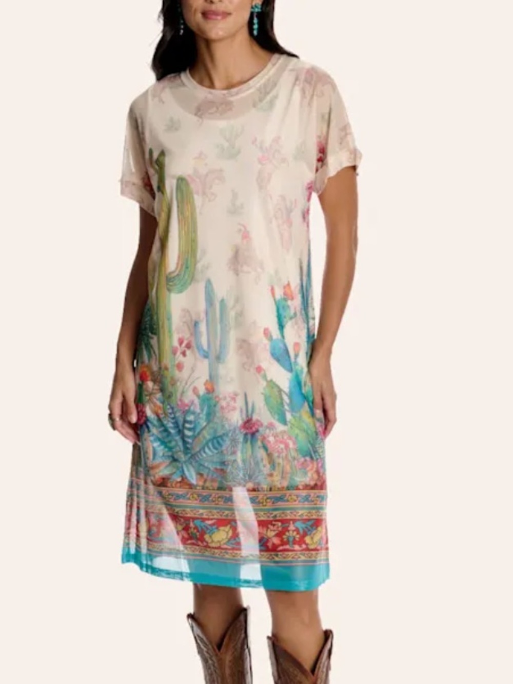 FASHION EXPRESS WOMEN'S CREAM WESTERN & FLORAL PRINT MESH DRESS NWOT
